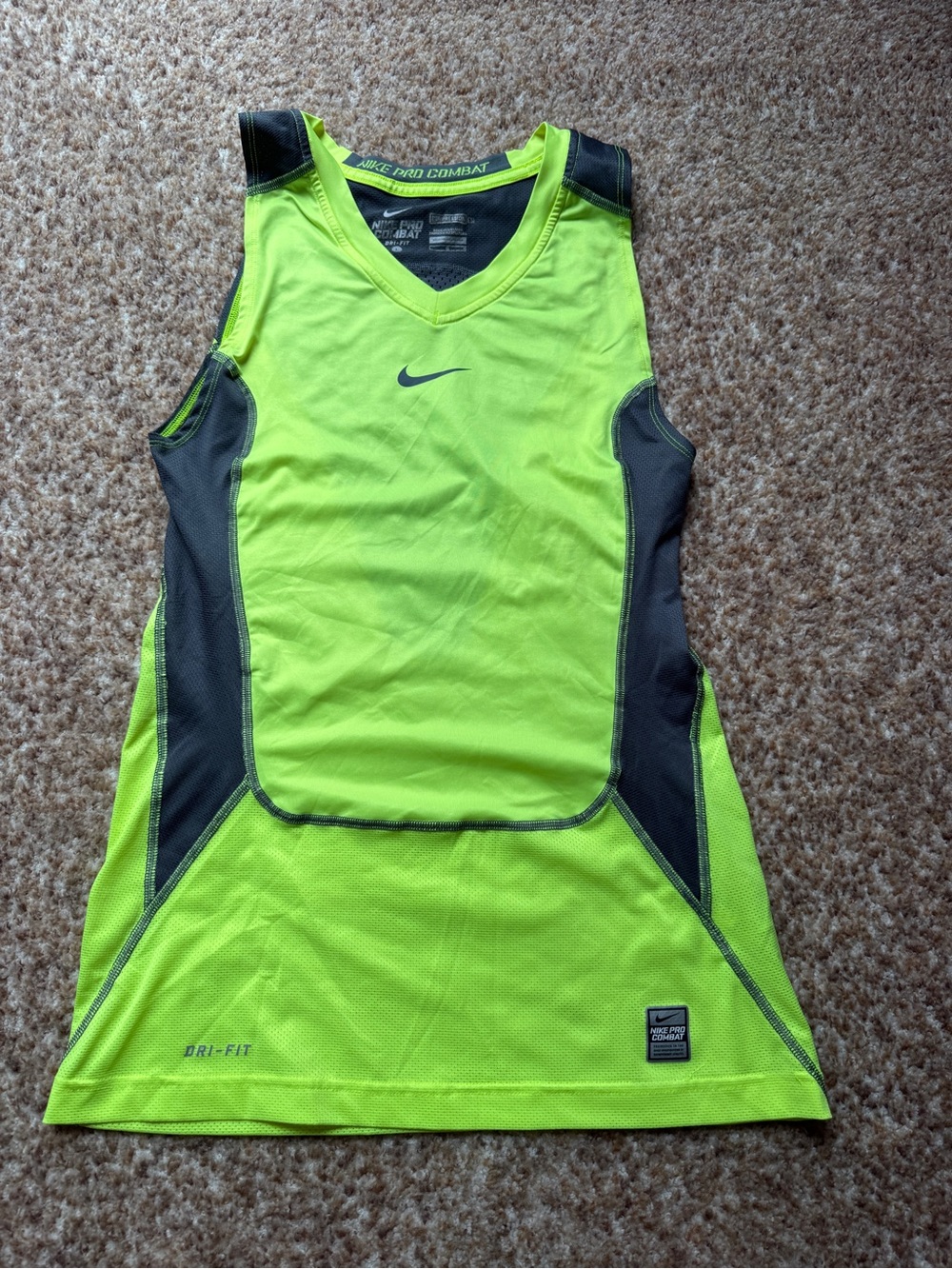Men’s Nike Elite Pro Combat Neon Green and Dark Gray compression Tank size large